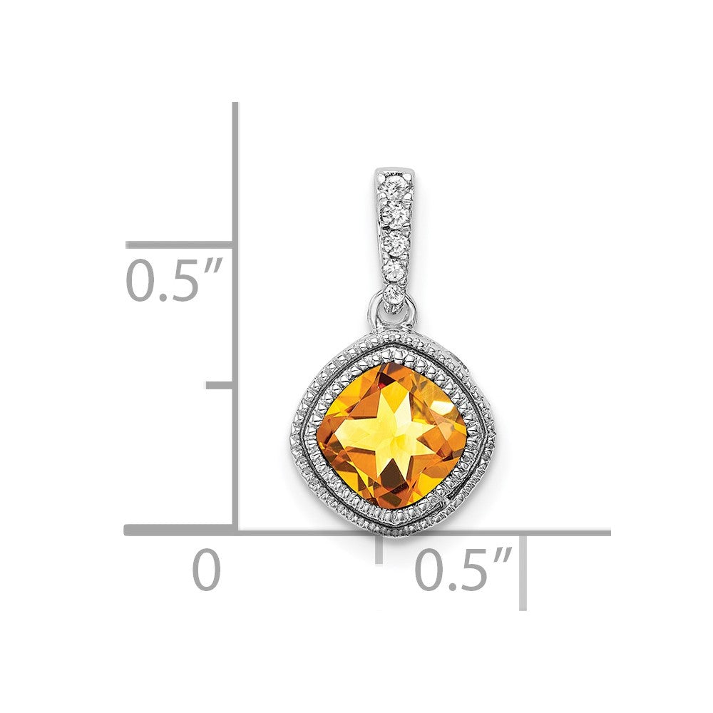14k White Gold 6mm Cushion Citrine and Diamond Pendant