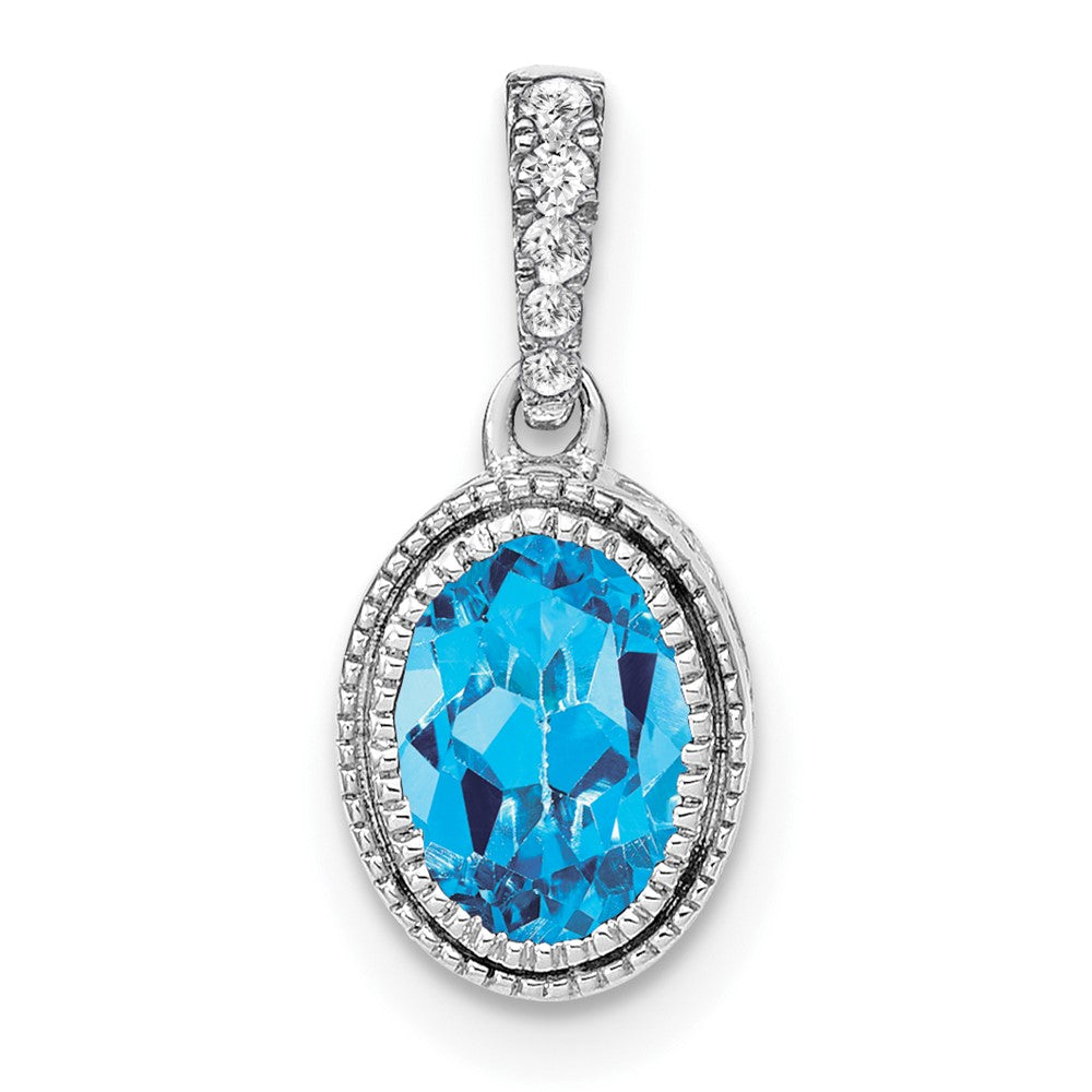 14k White Gold 7x5mm Oval Blue Topaz and Diamond Pendant