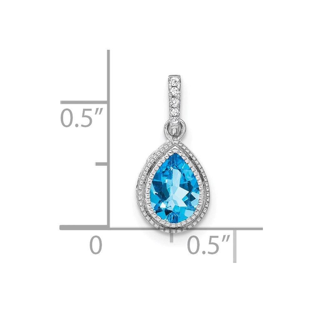 14k White Gold 7x5mm Pear Blue Topaz and Diamond Pendant