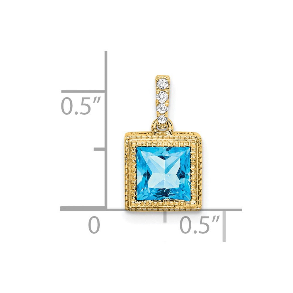 14k 6mm Square Blue Topaz and Diamond Pendant