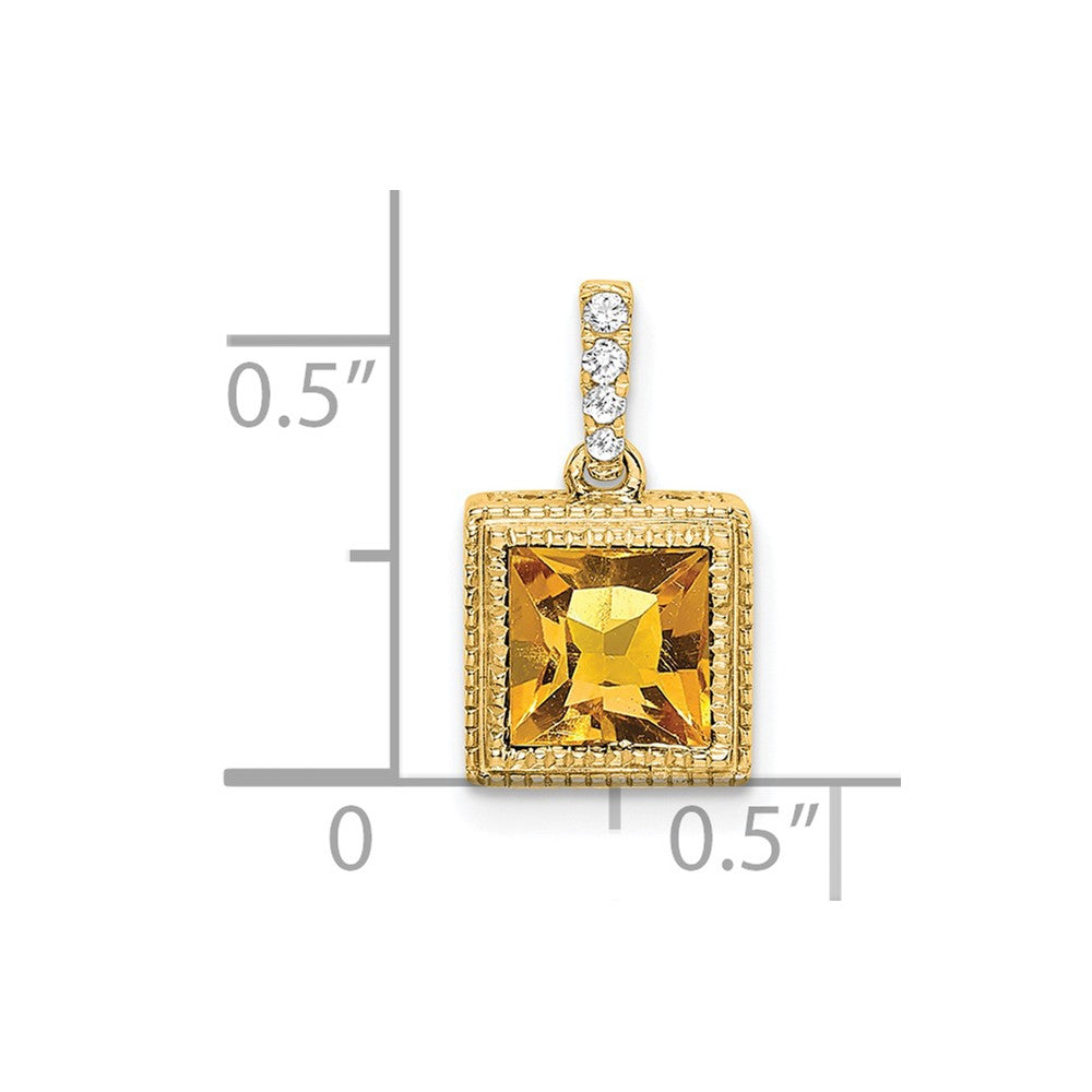 14k 6mm Square Citrine and Diamond Pendant