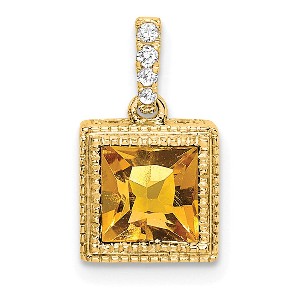 14k 6mm Square Citrine and Diamond Pendant