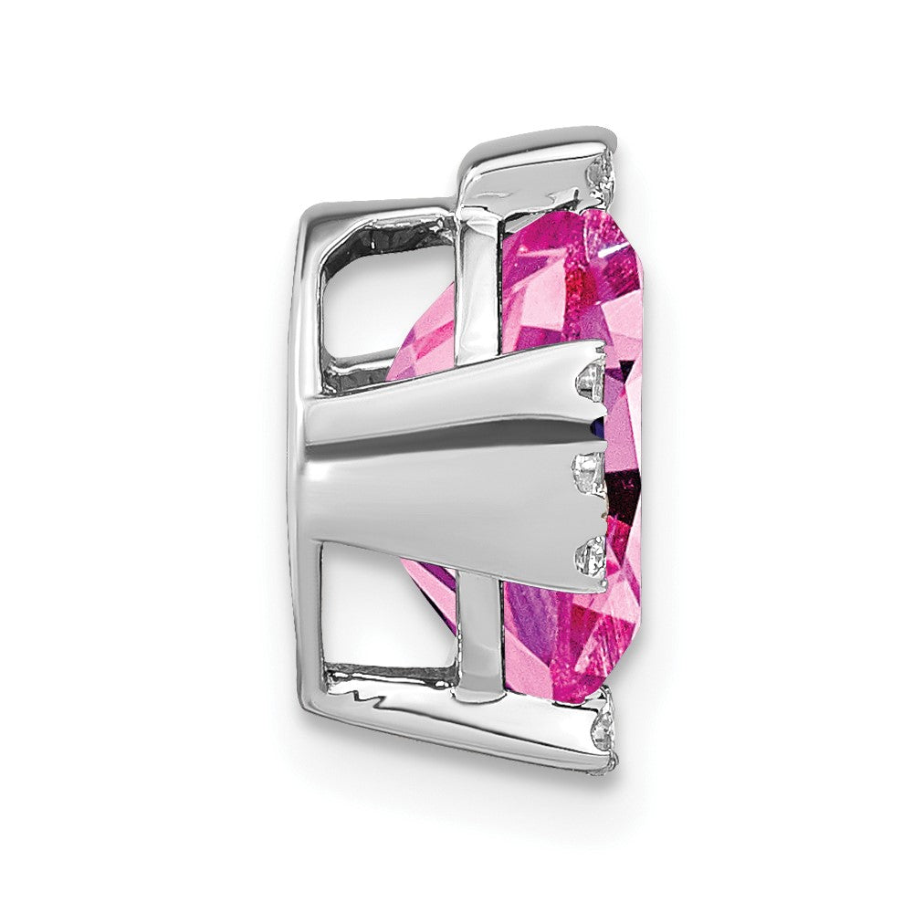 14k White Gold Oval Lab Created Pink Sapphire and Diamond Chain Slide
