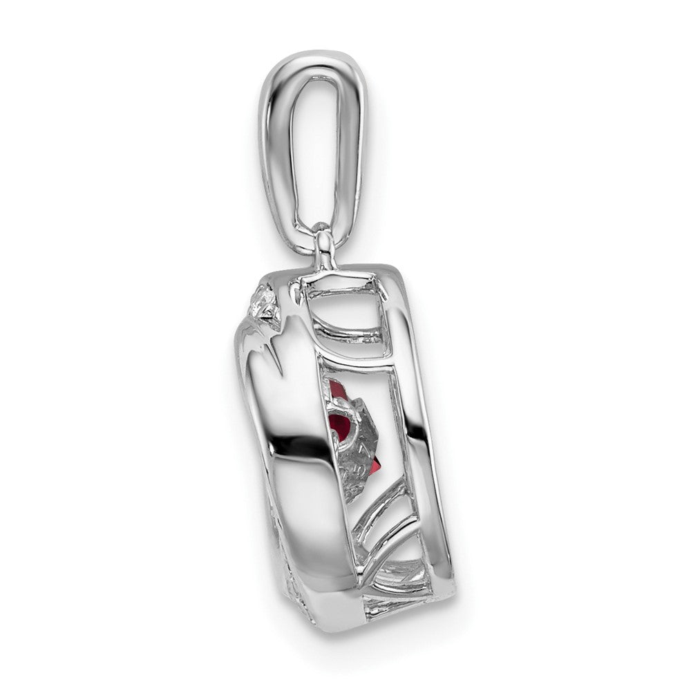 14k White Gold 4.5mm Round Moving Vibrant Garnet and Diamond Pendant
