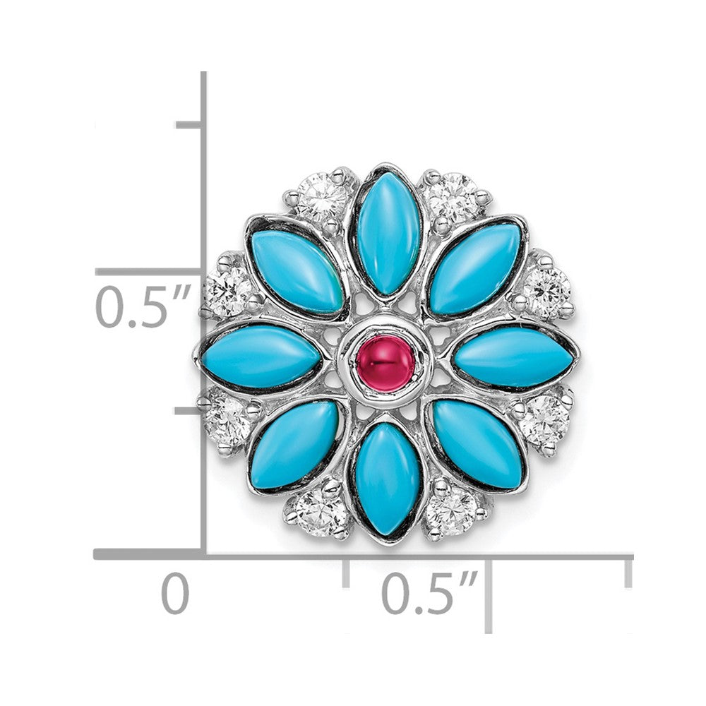 14k White Gold Turquoise/Lab Created Ruby/White Topaz Floral Chain Slide