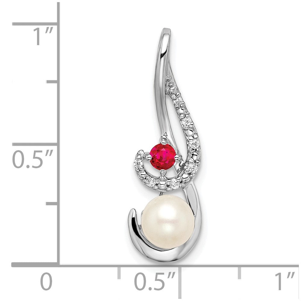 14k White Gold 6-7mm Round White Freshwater Cultured Pearl/Ruby/Diamond Slide Fits up to 4mm Fancy Omega Only