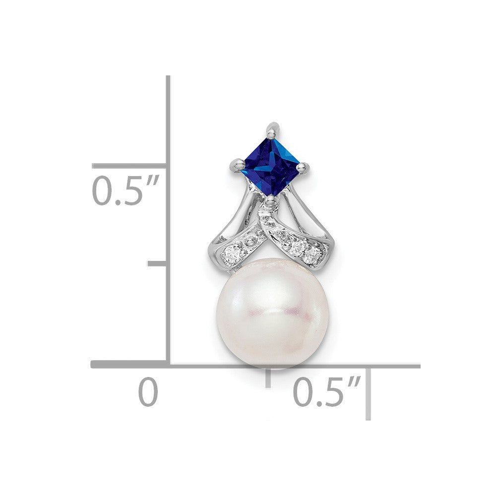 14k White Gold 7-8mm Round White Freshwater Cultured Pearl/Square Sapphire/Diamond Chain Slide