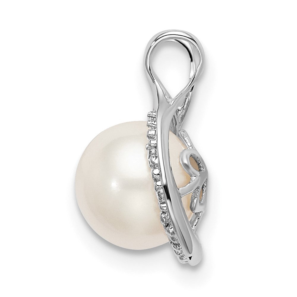 14k White Gold 7-8mm Round White Freshwater Cultured Pearl and Diamond Chain Slide