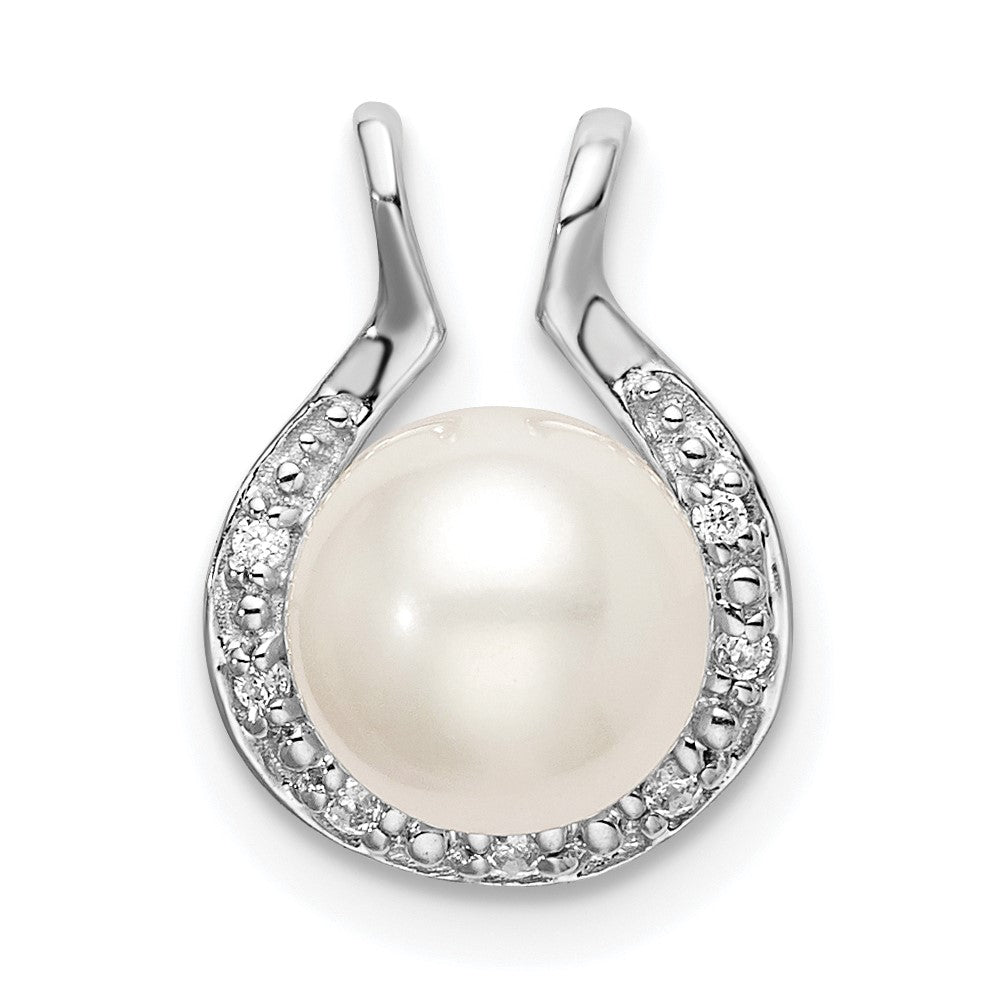 14k White Gold 7-8mm Round White Freshwater Cultured Pearl and Diamond Chain Slide
