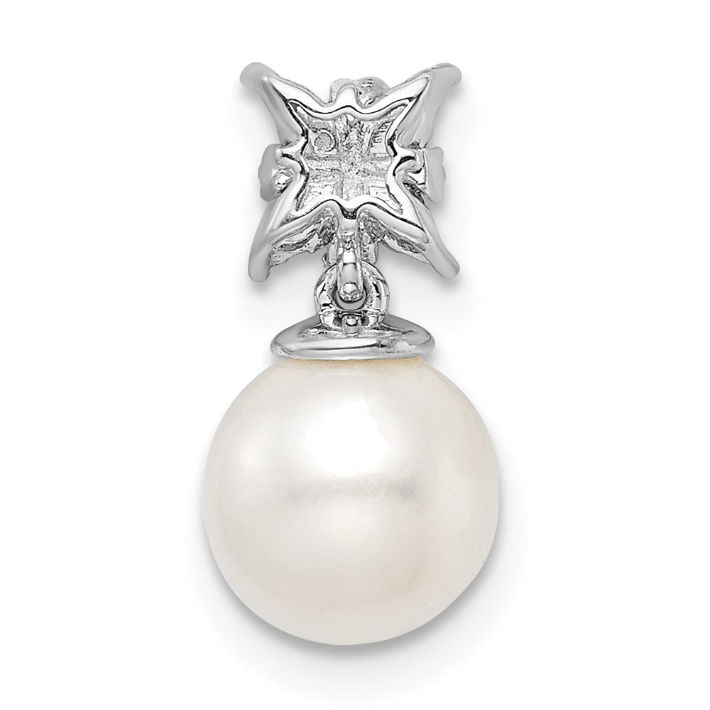 14k White Gold 7-8mm Round White Freshwater Cultured Pearl and Diamond Chain Slide
