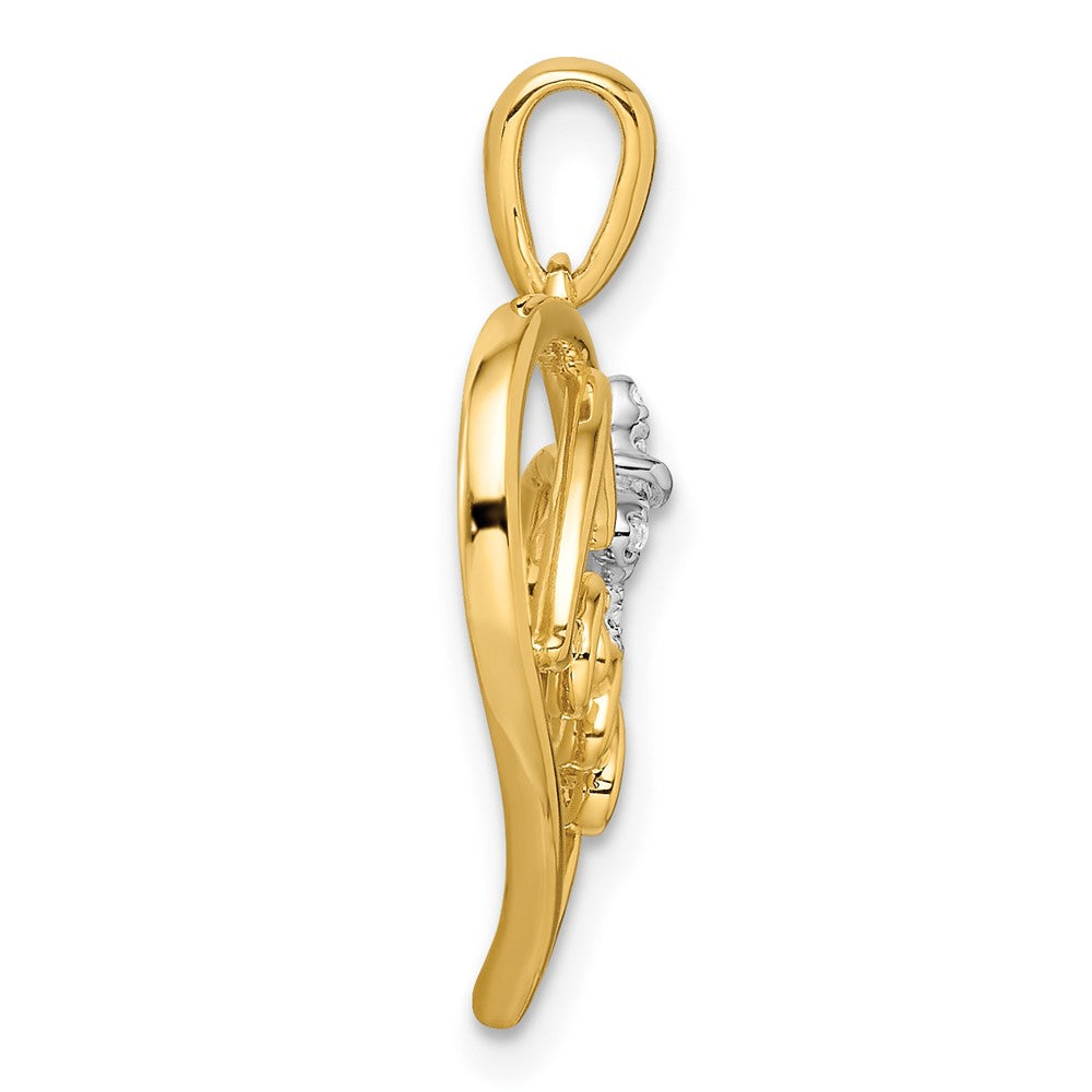 14k Two-tone LOVE Script Heart with Diamond Bow Pendant