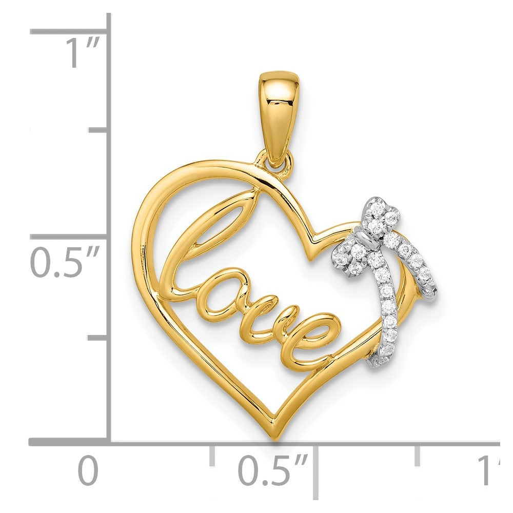 14k Two-tone LOVE Script Heart with Diamond Bow Pendant