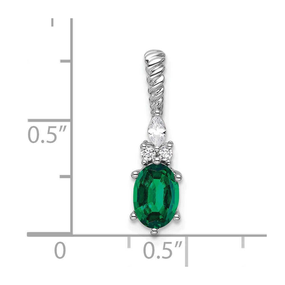 14K White Gold Diamond and 7x5 Oval May/Lab Created Emerald Twisted Chain Slide