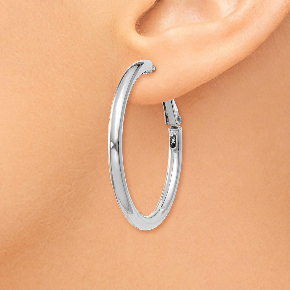 14k White Gold 3x36mm Polished Round Omega Back Tube Hoop Earrings