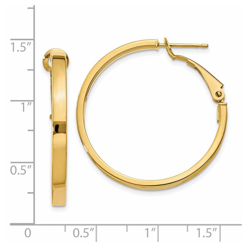14k 3x30mm Polished Square Tube Omega Back Round Hoop Earrings