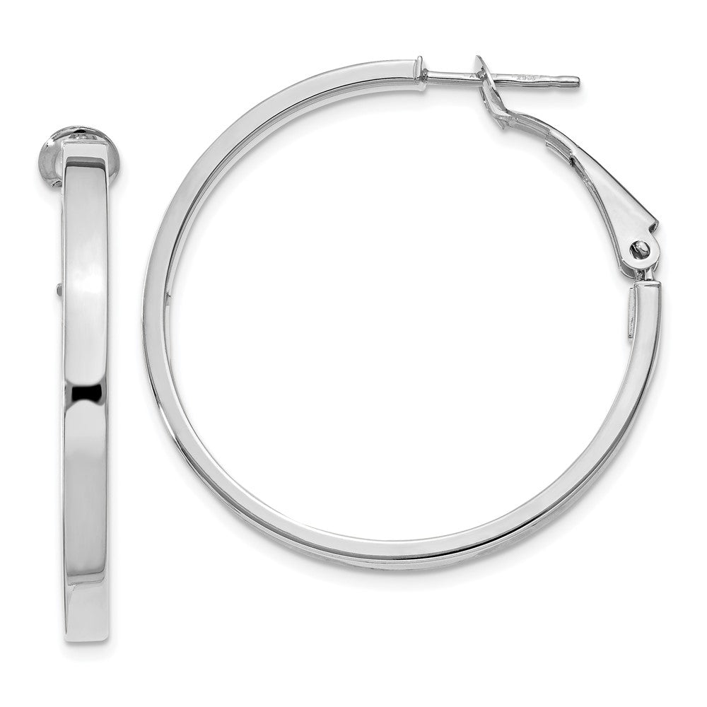 14k White Gold 3x35mm Polished Square Tube Omega Back Round Hoop Earrings