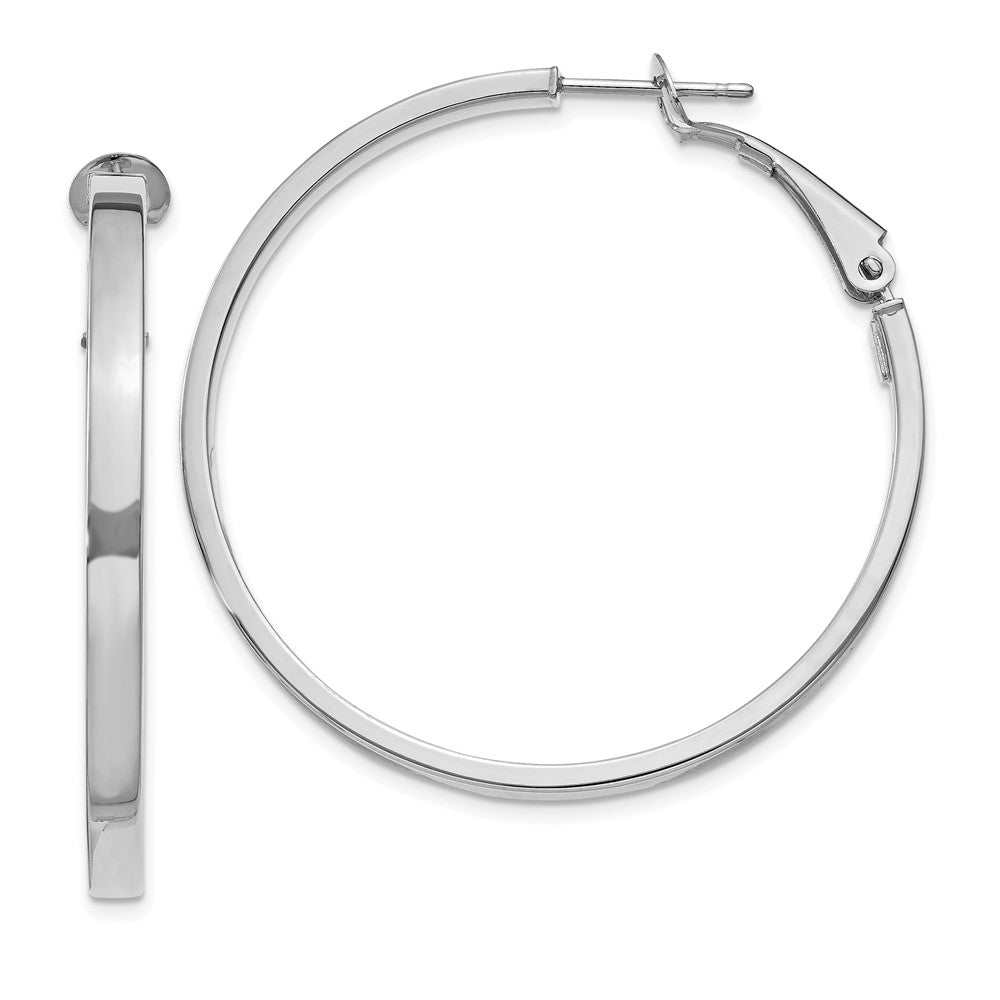 14k White Gold 3x40mm Polished Square Tube Omega Back Round Hoop Earrings
