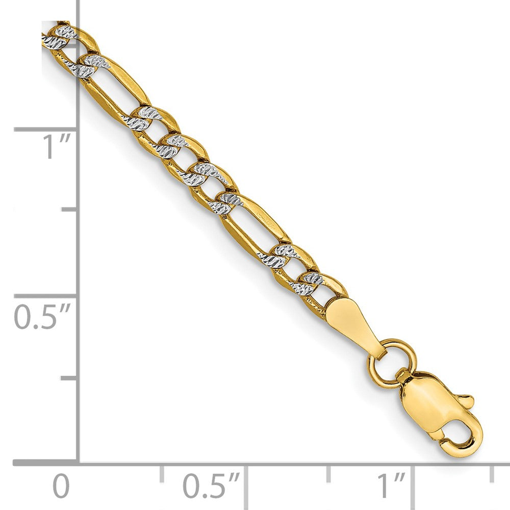 14K 8 inch 3.2mm Semi-Solid with Rhodium Pav Figaro with Lobster Clasp Bracelet