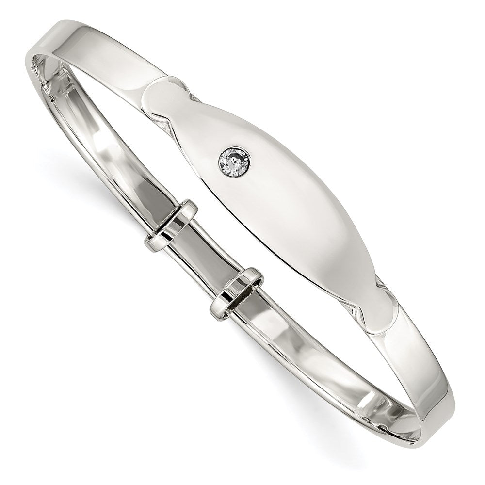 Polished;Sterling silver;CZ;Engravable (back only);Adjustable