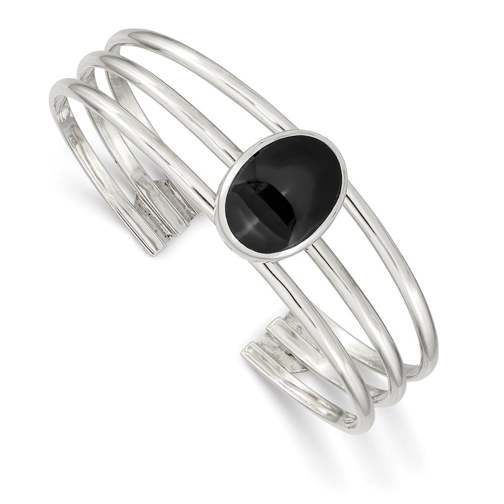 Polished;Sterling silver;Onyx;Cuff