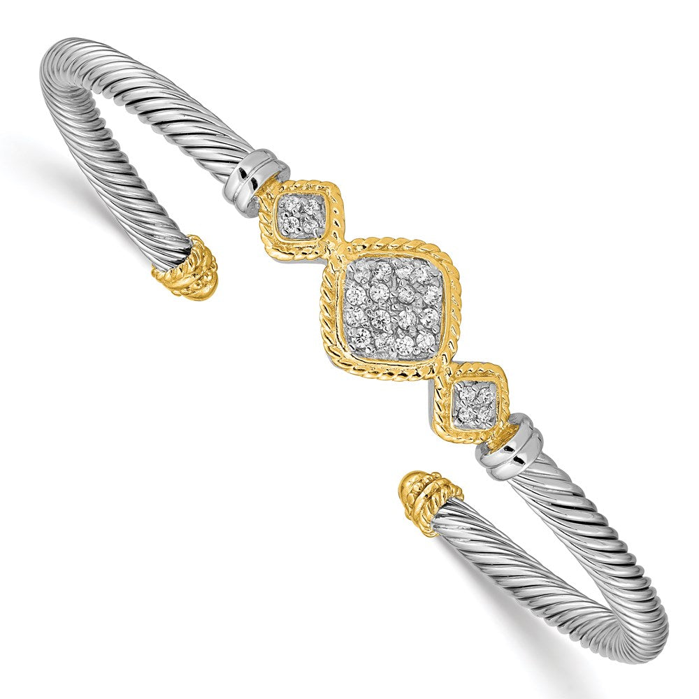 Polished;Open back;Sterling silver;CZ;Cuff;Flexible;Rhodium-plated;Vermeil