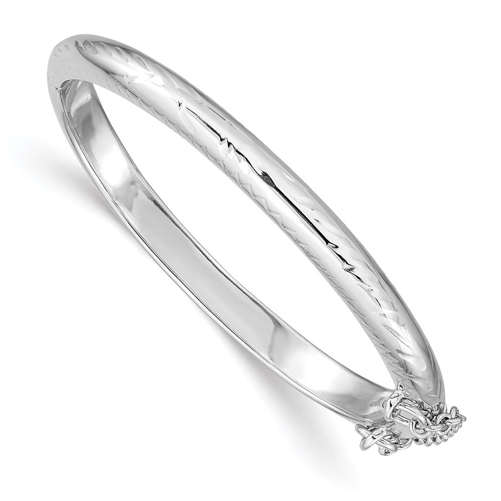 Polished;Flat back;Hinged;Engravable;Sterling silver;Safety clasp;Textured;Rhodium-plated