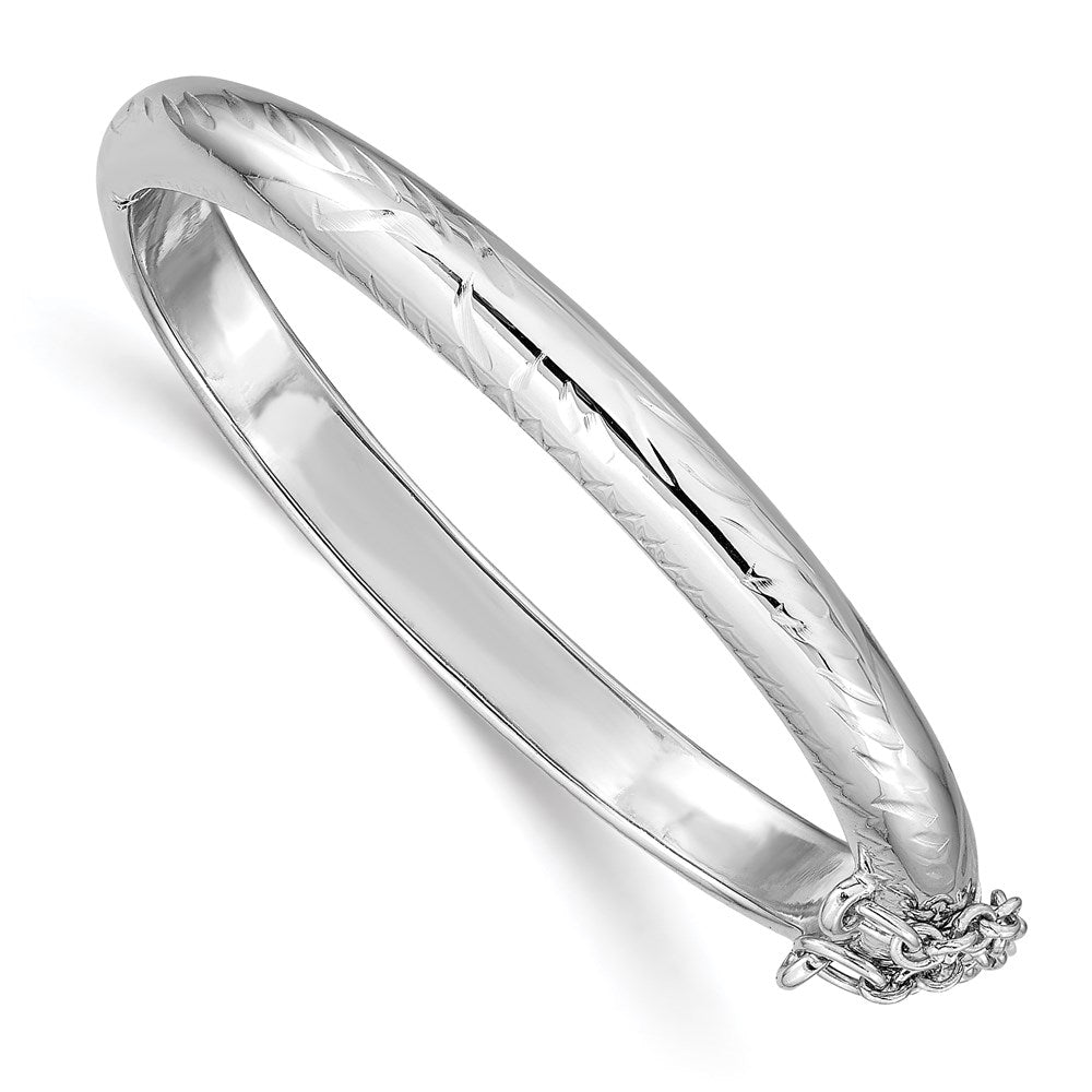 Polished;Flat back;Hinged;Engravable;Sterling silver;Safety clasp;Textured;Rhodium-plated