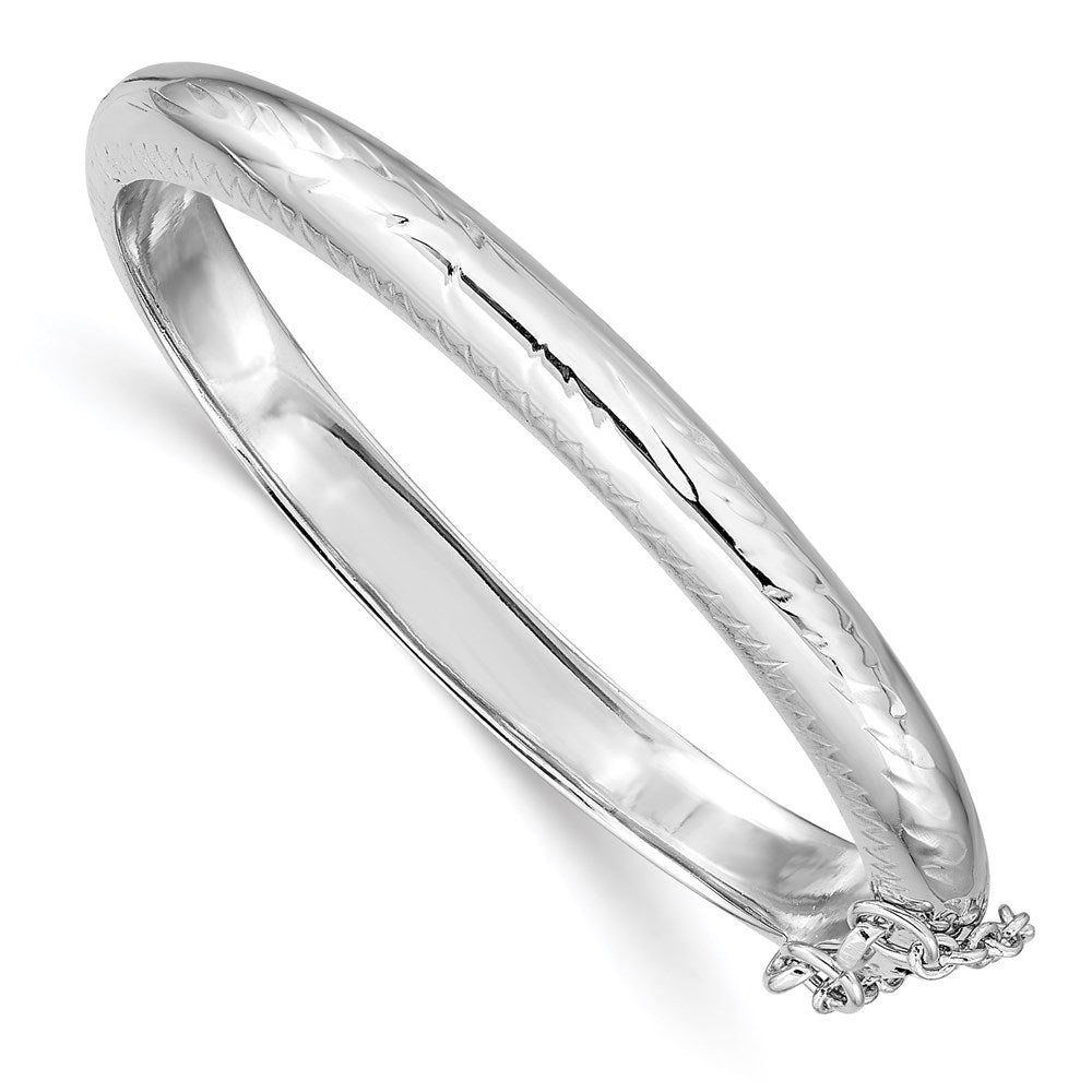 Polished;Flat back;Hinged;Engravable;Sterling silver;Safety clasp;Textured;Rhodium-plated