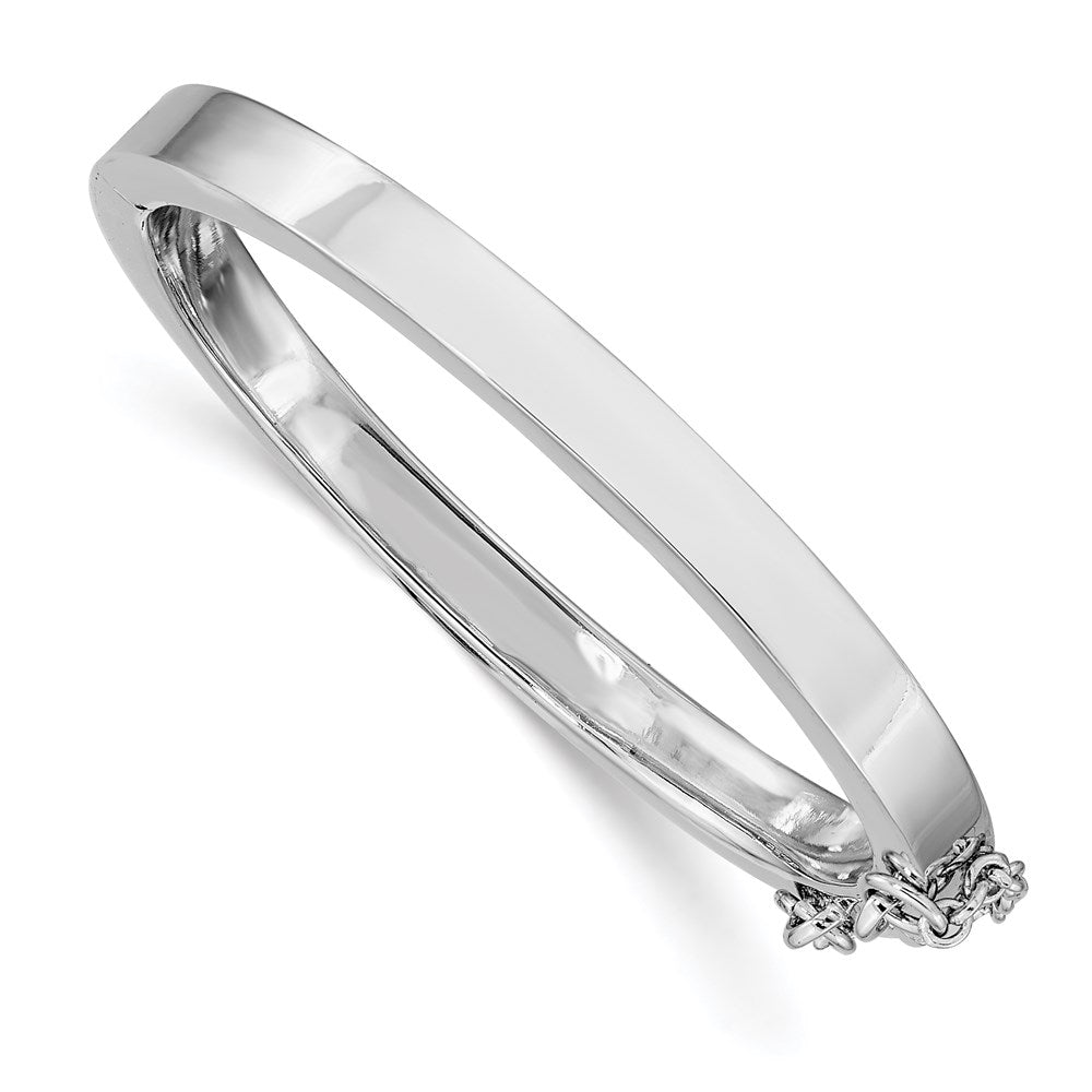 Polished;Flat back;Hinged;Engravable;Sterling silver;Safety clasp;Flat edge;Rhodium-plated