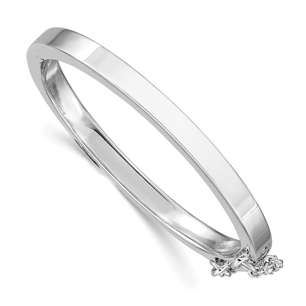 Polished;Flat back;Hinged;Engravable;Sterling silver;Safety clasp;Flat edge;Rhodium-plated