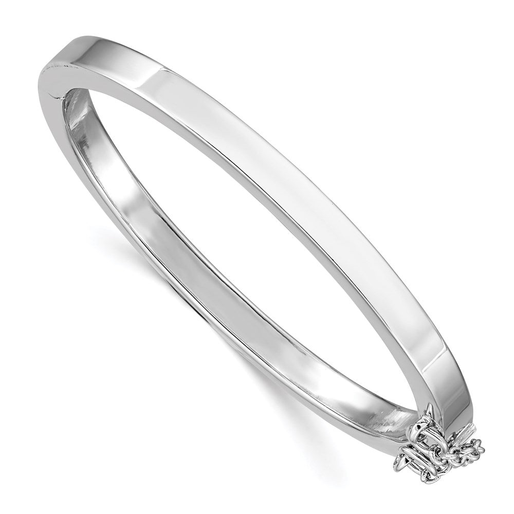 Polished;Flat back;Hinged;Engravable;Sterling silver;Safety clasp;Flat edge;Rhodium-plated