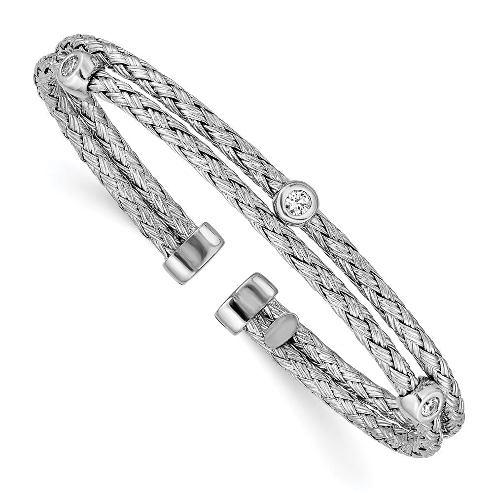 Polished;Sterling silver;CZ;Cuff;Bezel;Flexible;Textured;Rhodium-plated