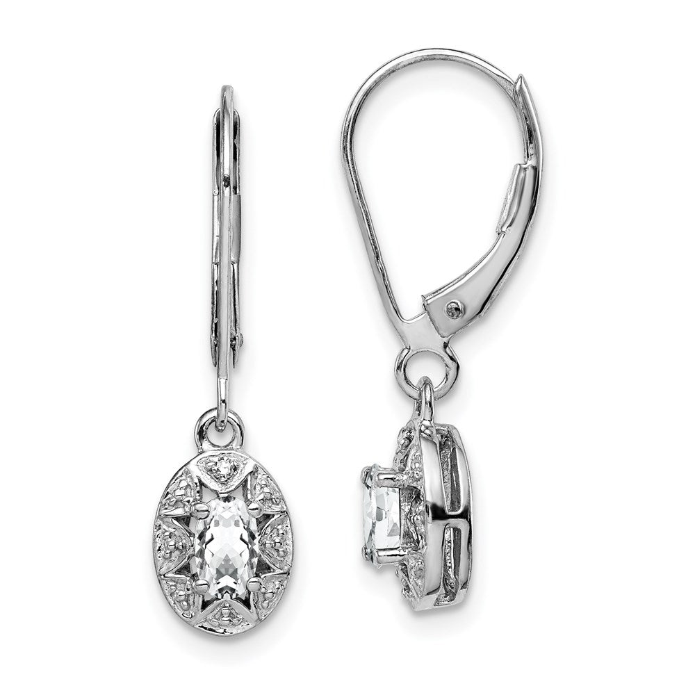 Polished;Leverback;Sterling silver;Diamond;Dangle;Rhodium-plated;White topaz