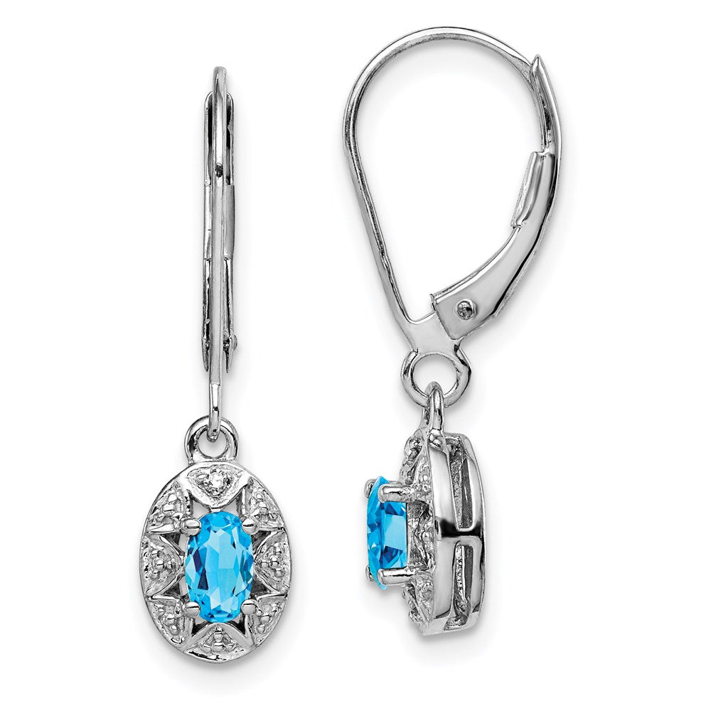 Polished;Leverback;Sterling silver;Blue topaz;Diamond;Dangle;Rhodium-plated
