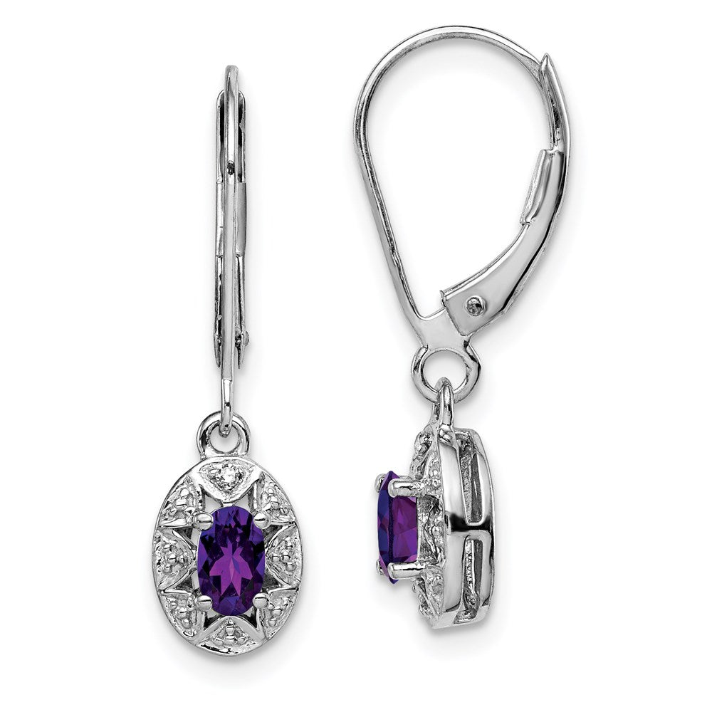Polished;Leverback;Sterling silver;Amethyst;Diamond;Dangle;Rhodium-plated