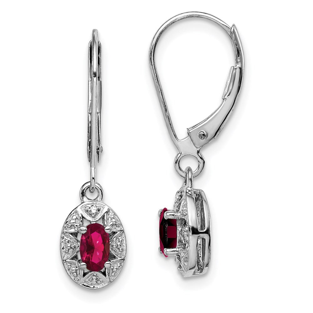 Polished;Leverback;Sterling silver;Diamond;Dangle;Rhodium-plated;Created Ruby