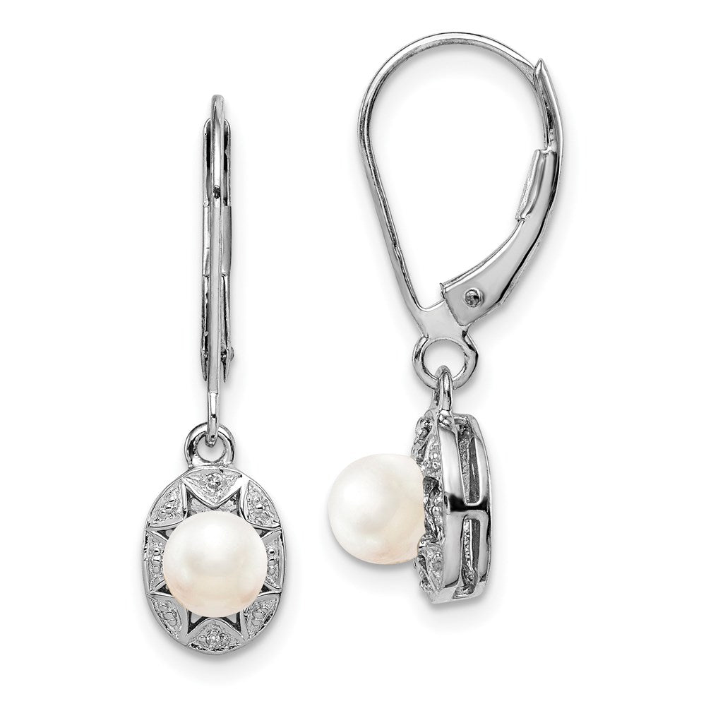Polished;Leverback;Sterling silver;Freshwater cultured pearl;Diamond;Dangle;Rhodium-plated