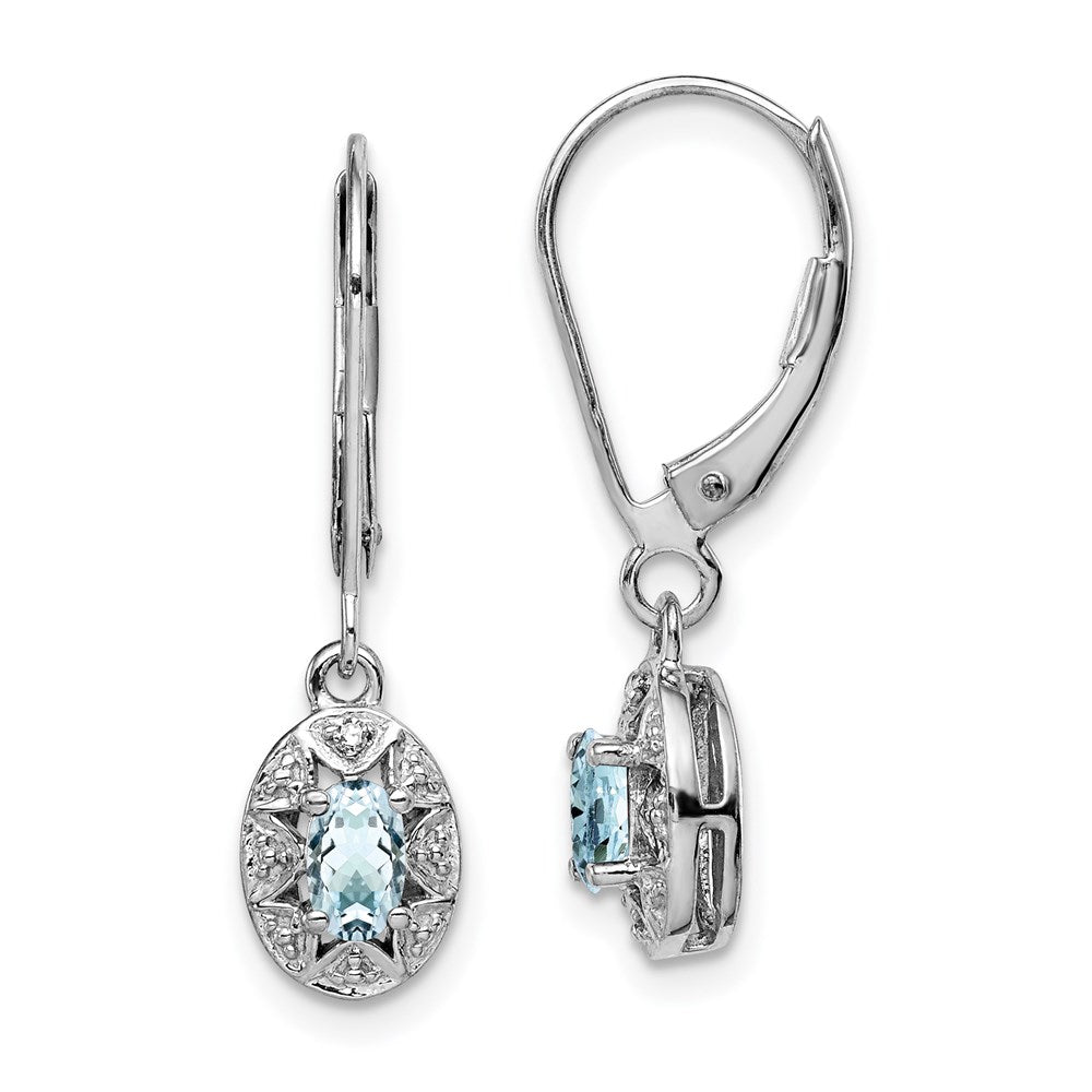Polished;Leverback;Sterling silver;Aquamarine;Diamond;Dangle;Rhodium-plated