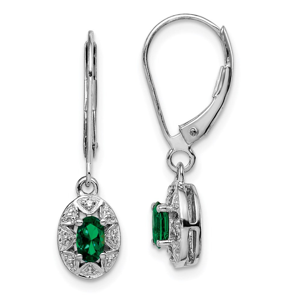 Polished;Leverback;Sterling silver;Diamond;Dangle;Rhodium-plated;Created Emerald