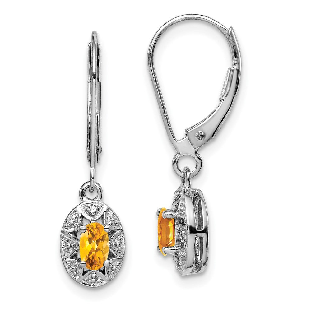 Polished;Leverback;Sterling silver;Citrine;Diamond;Dangle;Rhodium-plated
