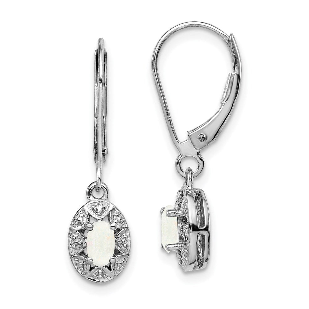 Polished;Leverback;Sterling silver;Diamond;Created opal;Dangle;Rhodium-plated