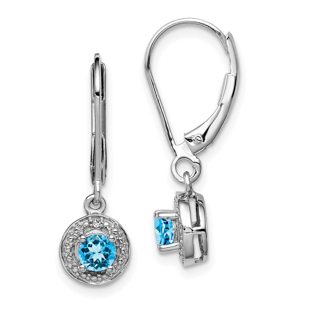 Polished;Leverback;Sterling silver;Blue topaz;Diamond;Dangle;Rhodium-plated