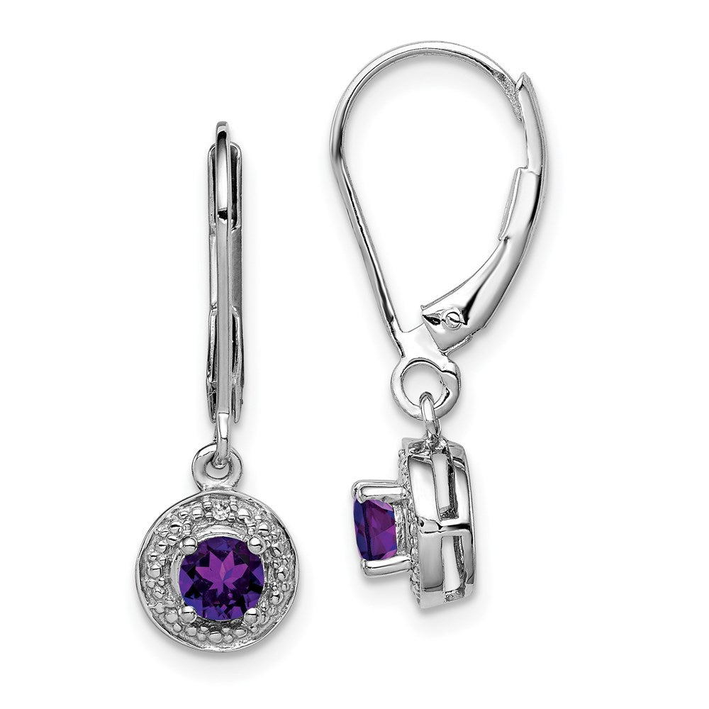Polished;Leverback;Sterling silver;Amethyst;Diamond;Dangle;Rhodium-plated