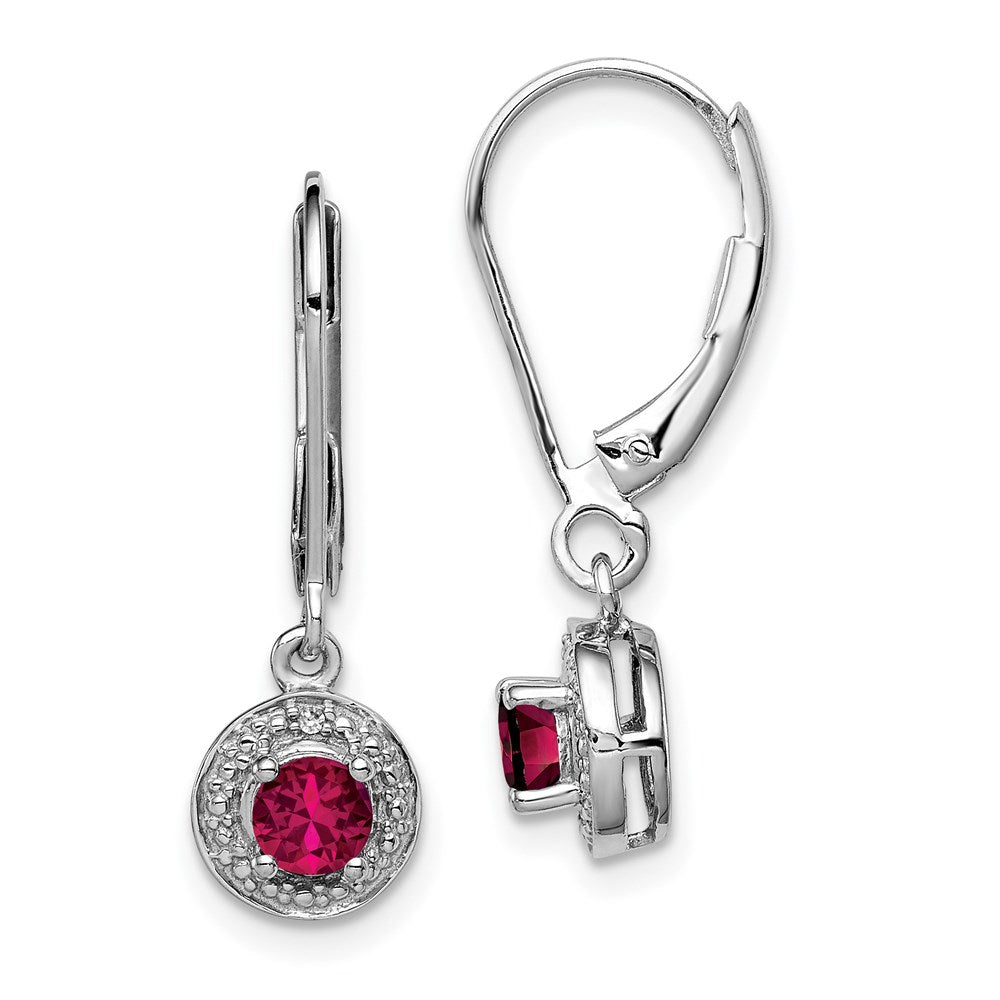Polished;Leverback;Sterling silver;Diamond;Dangle;Rhodium-plated;Created Ruby