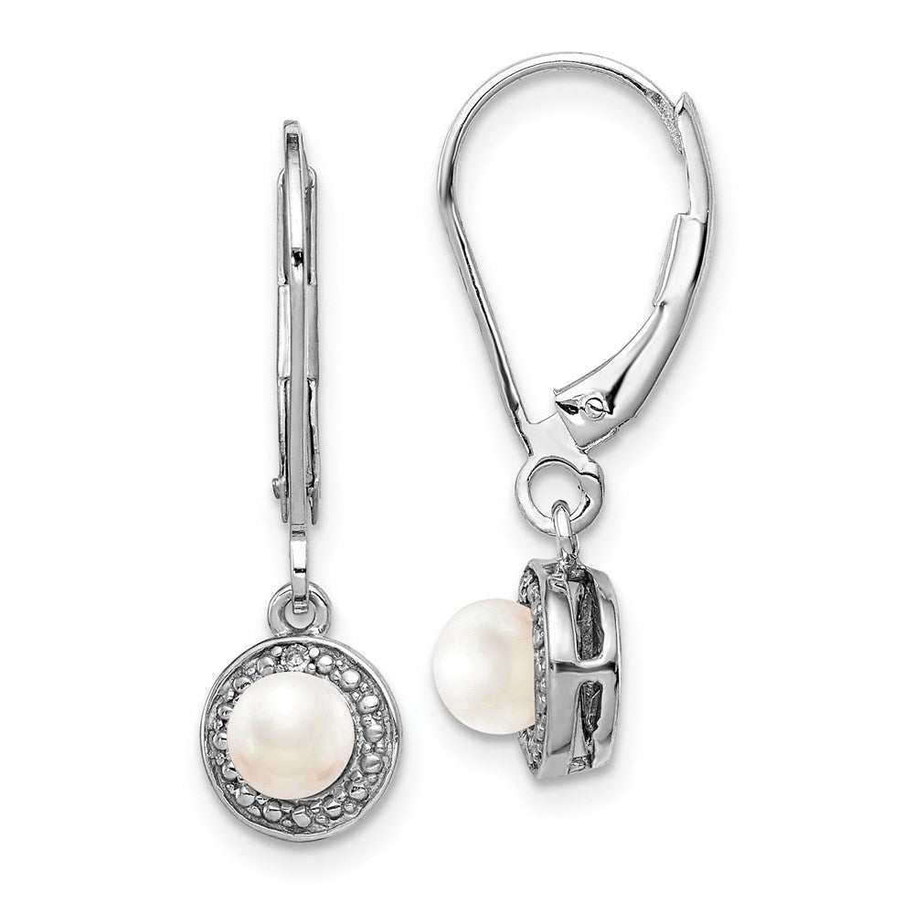 Polished;Leverback;Sterling silver;Freshwater cultured pearl;Diamond;Dangle;Rhodium-plated