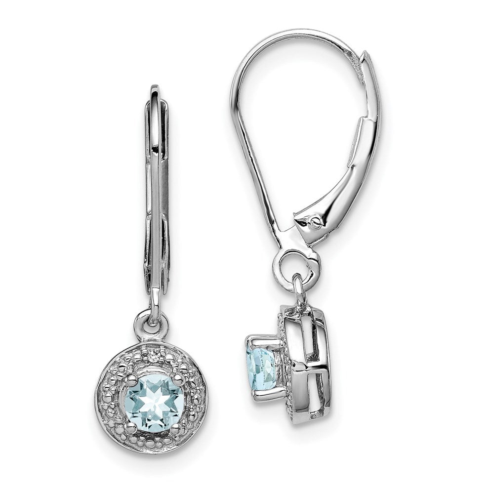 Polished;Leverback;Sterling silver;Aquamarine;Diamond;Dangle;Rhodium-plated