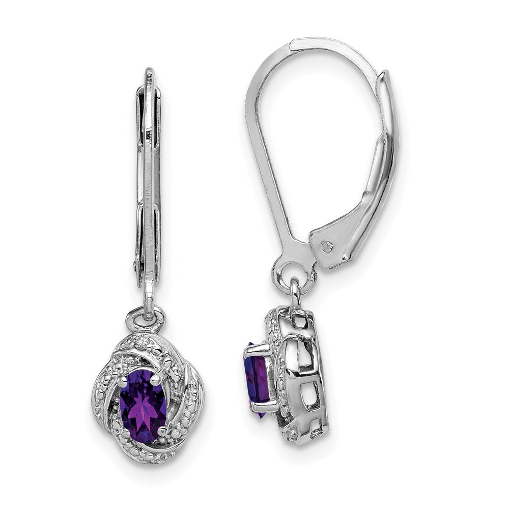 Polished;Leverback;Sterling silver;Amethyst;Diamond;Dangle;Rhodium-plated