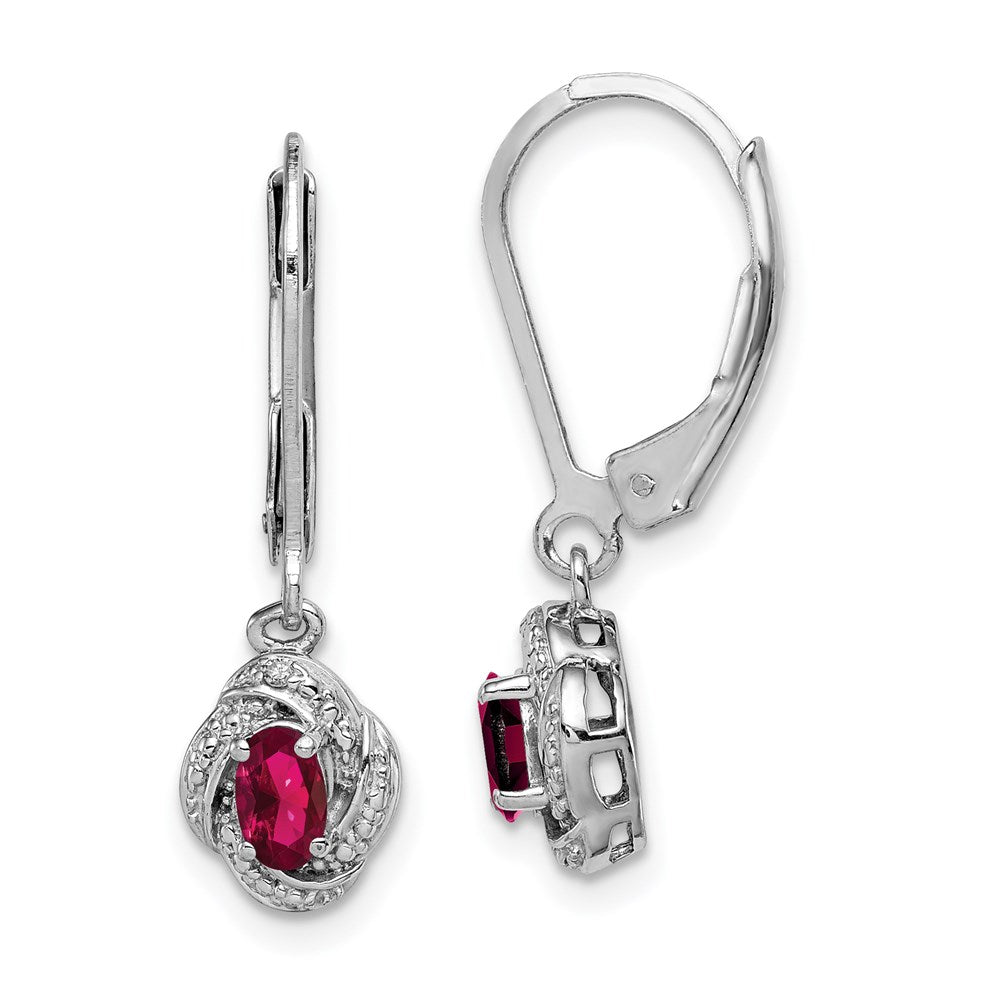 Polished;Leverback;Sterling silver;Diamond;Dangle;Rhodium-plated;Created Ruby