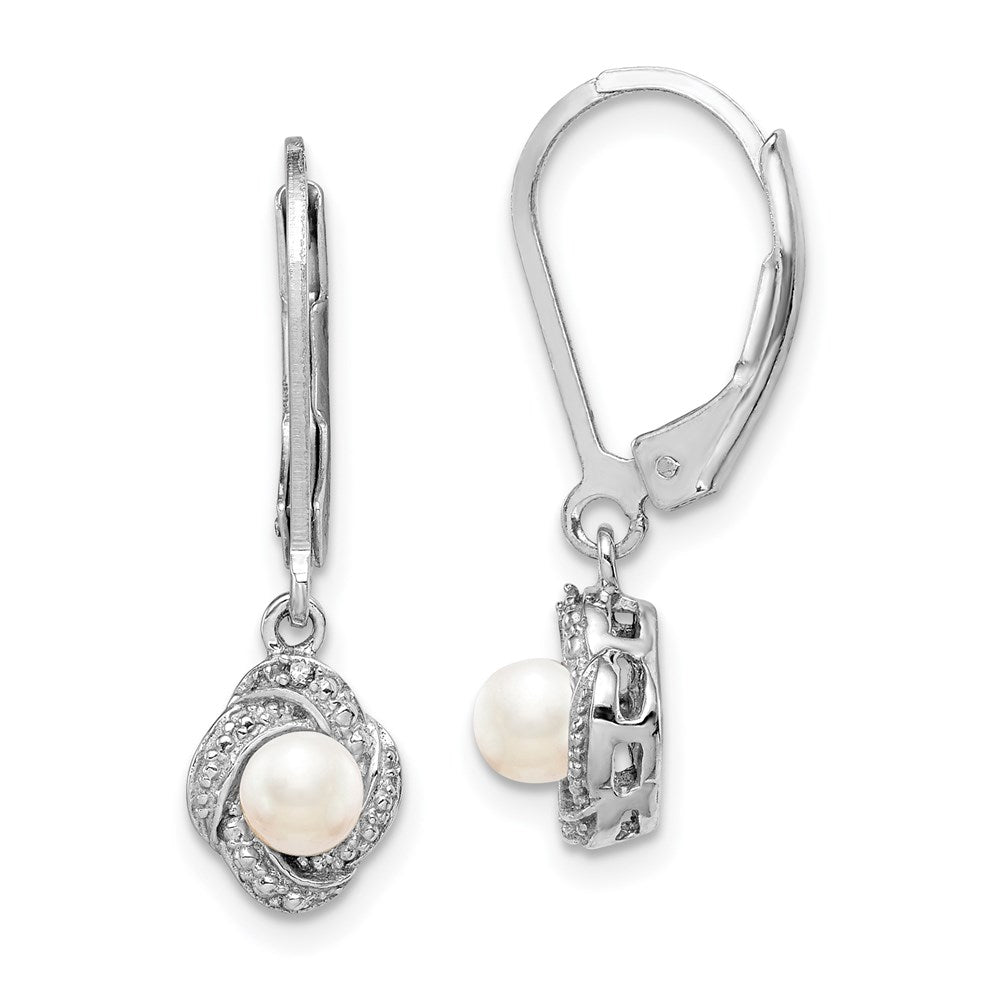 Polished;Leverback;Sterling silver;Freshwater cultured pearl;Diamond;Dangle;Rhodium-plated