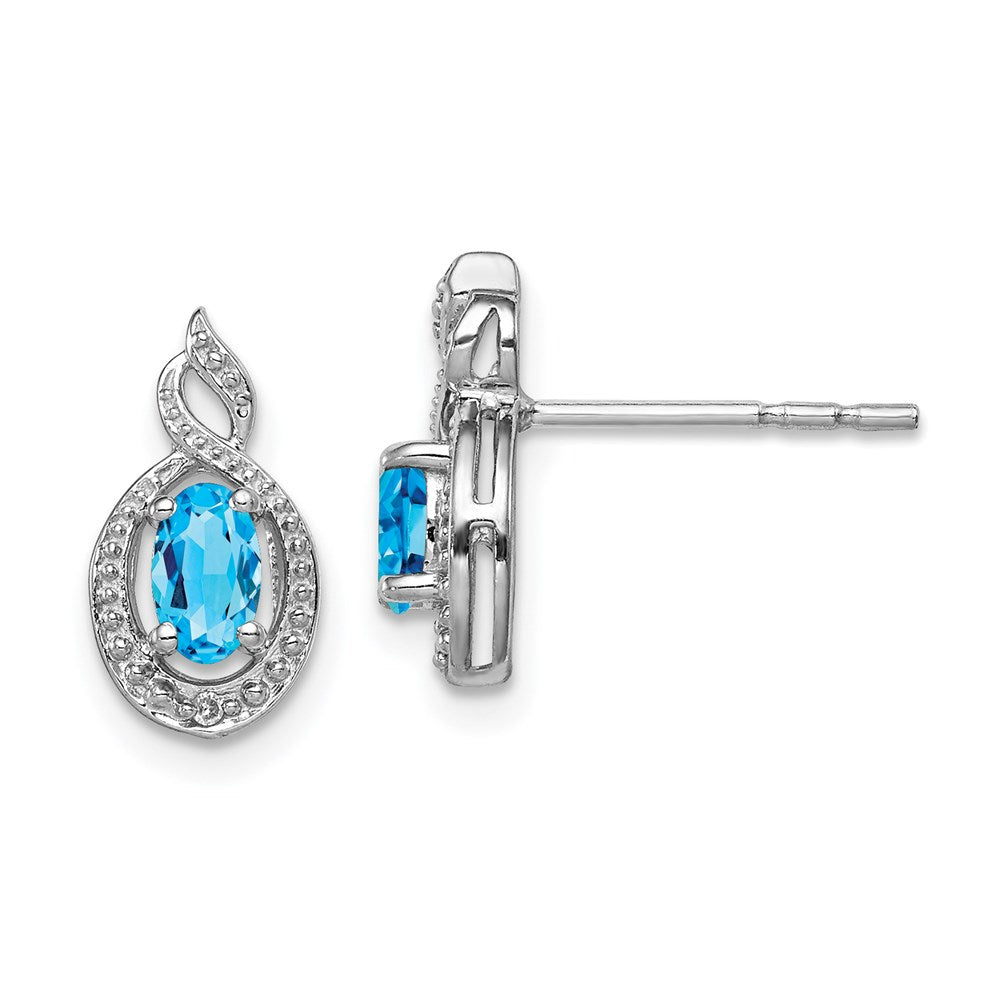 Polished;Open back;Post;Sterling silver;Blue topaz;Diamond;Rhodium-plated